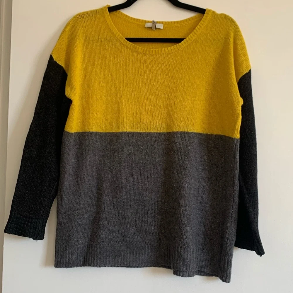 Joie Yellow/Black/Grey Colorblock Viscose/Lambswool/Cashmere Crewneck Sweater - Picture 2 of 7